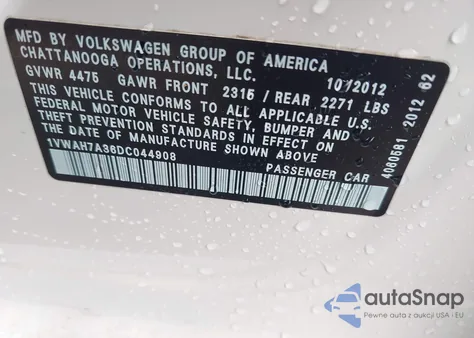 2013 Volkswagen Passat 2.5L S from USA, damaged, VIN 1VWAH7A36DC044908